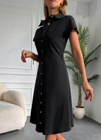 Черное кэжуал платье рубашка SHEIN однотонное