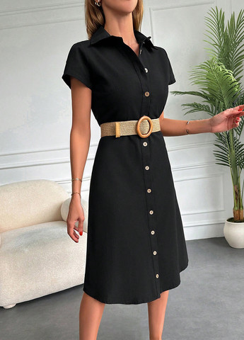 Черное кэжуал платье рубашка SHEIN однотонное