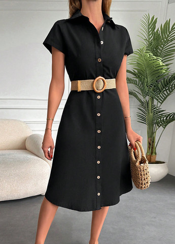 Черное кэжуал платье рубашка SHEIN однотонное