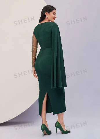 Темно-зеленое вечернее платье SHEIN однотонное