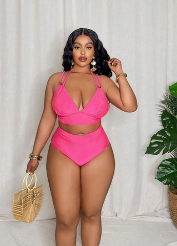 Рожевий літній купальник (топ, трусики) суцільний, топ SHEIN
