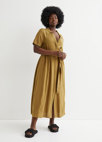 Оливкова (хакі) кежуал плаття, сукня сорочка H&M однотонна