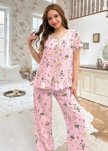 Светло-розовая всесезон пижама (рубашка, брюки) рубашка + брюки SHEIN