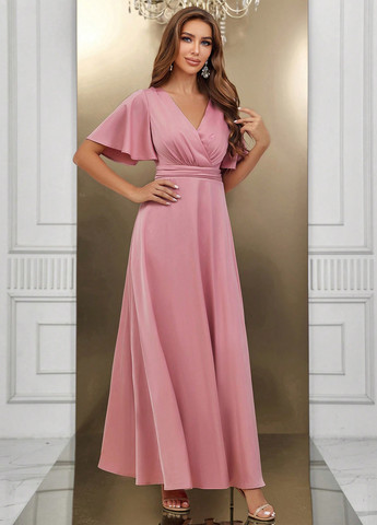 Светло-розовое праздничный, вечернее платье клеш, в стиле ампир SHEIN однотонное