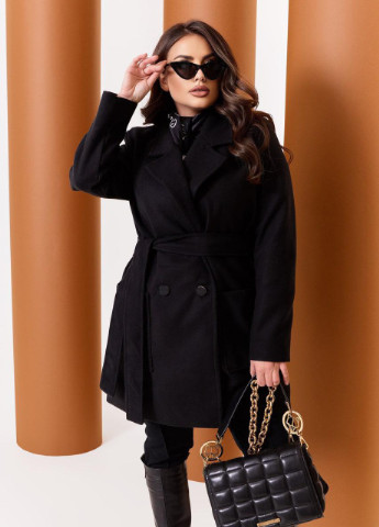 Черное Женское пальто из кашемира на подкладке с поясом 376126 New Trend