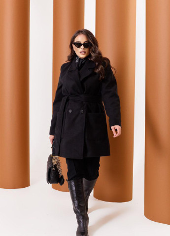 Чорне Женское пальто из кашемира на подкладке с поясом 376126 New Trend