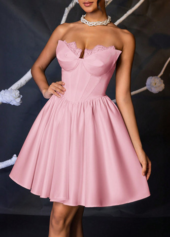 Светло-розовое праздничный, коктейльное платье с корсетом SHEIN однотонное