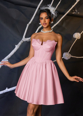 Светло-розовое праздничный, коктейльное платье с корсетом SHEIN однотонное