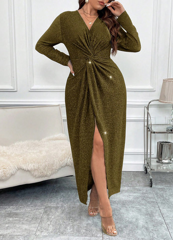 Оливковое (хаки) вечернее платье на запах SHEIN меланжевое