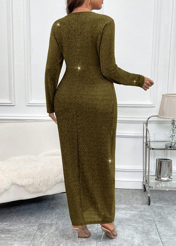 Оливковое (хаки) вечернее платье на запах SHEIN меланжевое