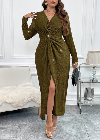 Оливковое (хаки) вечернее платье на запах SHEIN меланжевое