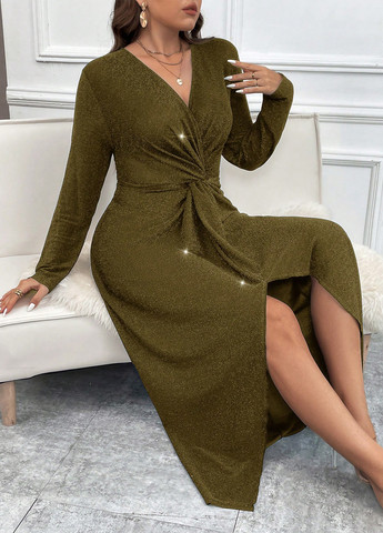 Оливковое (хаки) вечернее платье на запах SHEIN меланжевое