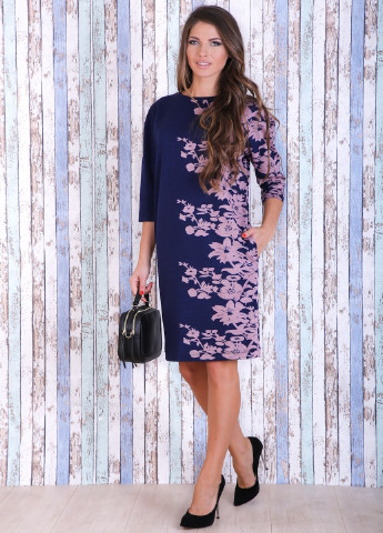Комбинированное кэжуал платье элина цветы розовые на синем Jet