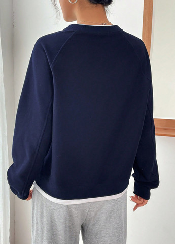 Темно-синій світшот SHEIN колор блок вишивка (366512846)