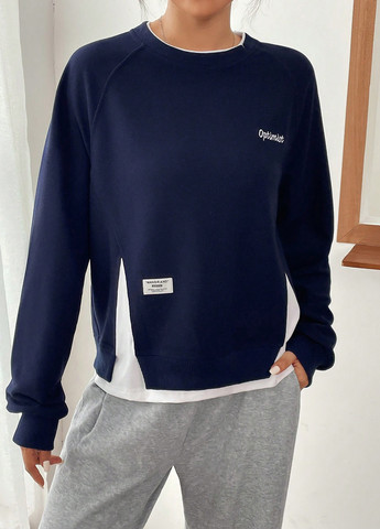 Темно-синій світшот SHEIN колор блок вишивка (366512846)