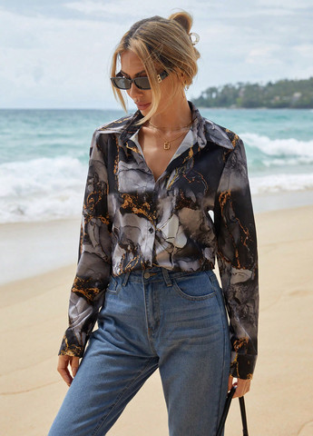 Серая праздничный, классическая, кэжуал рубашка с абстрактным узором SHEIN