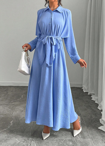Темно-голубое кэжуал платье рубашка SHEIN однотонное