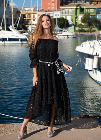 Черное пляжное платье с открытыми плечами Fresh cotton однотонное