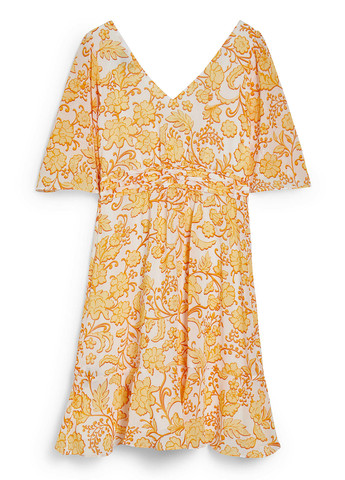 Светло-оранжевое кэжуал платье клеш C&A с цветочным принтом