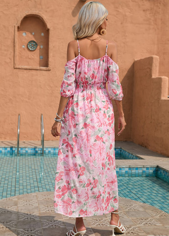 Светло-розовое кэжуал платье с открытыми плечами SHEIN с цветочным принтом