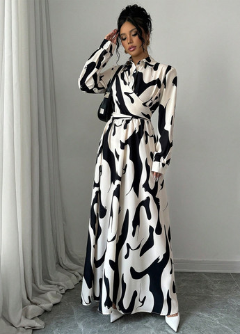 Кремова кежуал сукня кльош, сукня-сорочка SHEIN з абстрактним візерунком