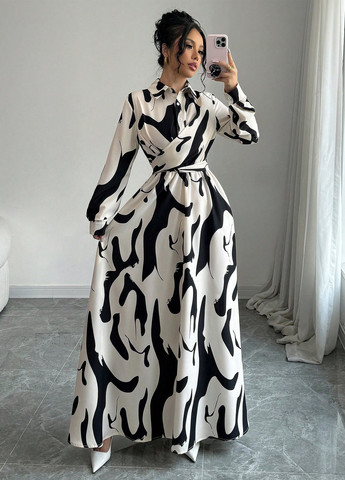 Кремова кежуал сукня кльош, сукня-сорочка SHEIN з абстрактним візерунком