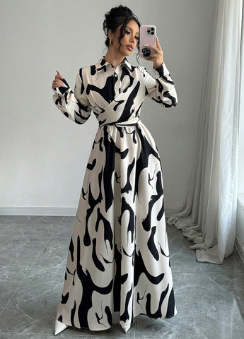 Кремова кежуал сукня кльош, сукня-сорочка SHEIN з абстрактним візерунком