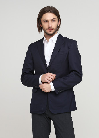 Пиджак H&M однотонный тёмно-синий кэжуал шерсть
