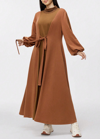 Коричневое кэжуал платье а-силуэт SHEIN колор блок