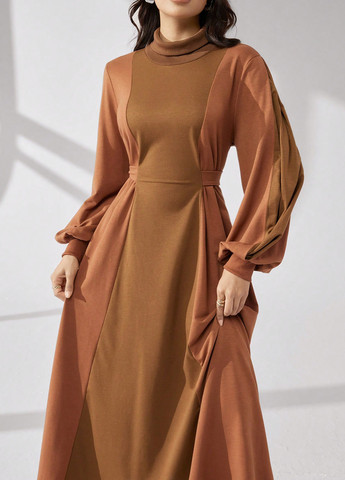 Коричневое кэжуал платье а-силуэт SHEIN колор блок