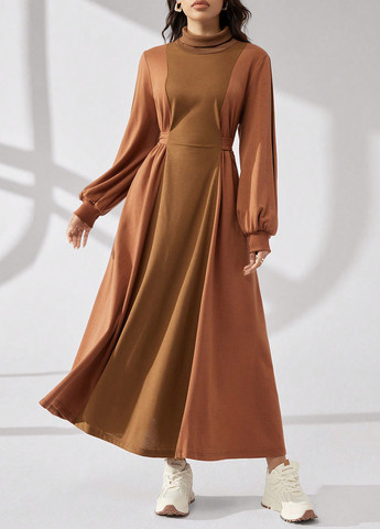 Коричневое кэжуал платье а-силуэт SHEIN колор блок