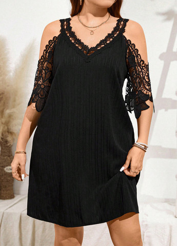 Черное кэжуал платье с открытыми плечами SHEIN однотонное