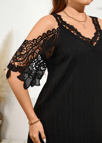 Черное кэжуал платье с открытыми плечами SHEIN однотонное