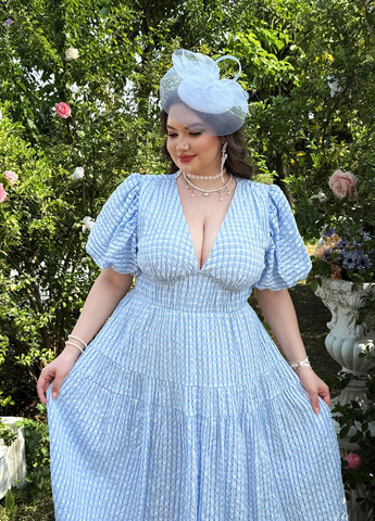 Светло-голубое коктейльное, кэжуал платье клеш SHEIN в клетку