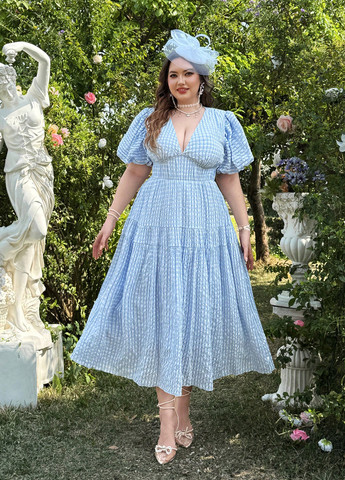 Светло-голубое коктейльное, кэжуал платье клеш SHEIN в клетку