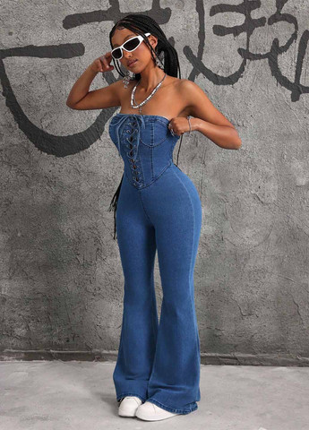 Комбінезон SHEIN комбінезон-брюки однотонний темно-синій джинсовий, кежуал бавовна
