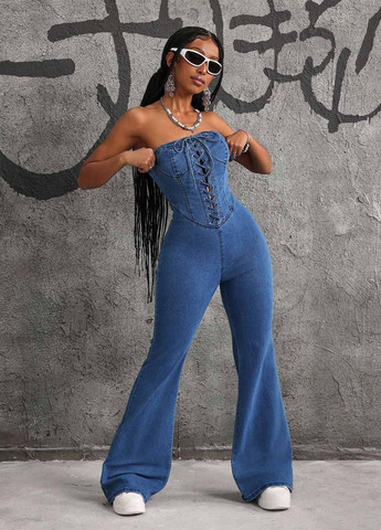 Комбінезон SHEIN комбінезон-брюки однотонний темно-синій джинсовий, кежуал бавовна