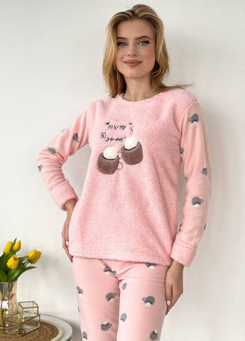 Розовая зимняя мягенькая пижама кофта + брюки Vakko