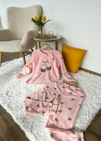 Розовая зимняя мягенькая пижама кофта + брюки Vakko