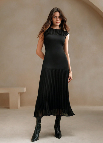 Черное праздничный, вечернее, деловое платье плиссированное, а-силуэт SHEIN однотонное