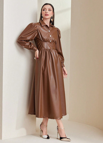 Коричневое кэжуал платье рубашка, клеш, с корсетом SHEIN однотонное