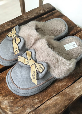 Серые тапочки Scarlett с мехом, с бантом
