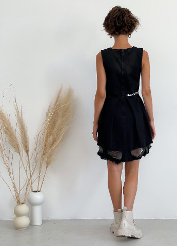 Черное кэжуал джинсовое мини платье с прорезями с открытыми плечами, а-силуэт, клеш, бэби долл, плиссированное One Teaspoon однотонное