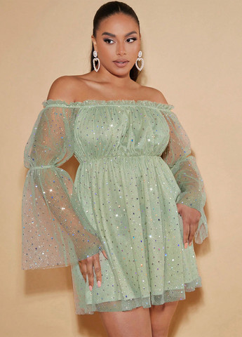 Мятное праздничный платье с открытыми плечами, клеш SHEIN однотонное