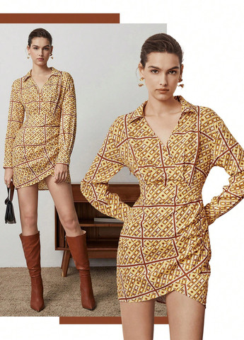 Горчичное кэжуал платье на запах, рубашка SHEIN с абстрактным узором