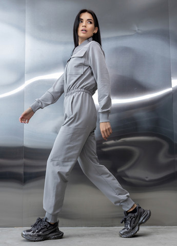 Хлопковый комбинезон с поясом и молнией TOTALFIT комбинезон-брюки однотонный светло-серый кэжуал, спортивный хлопок, двунитка