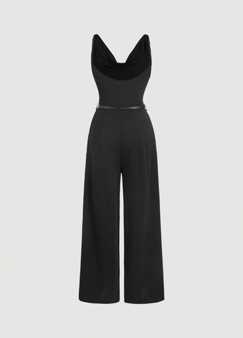 Комбінезон SHEIN комбінезон-брюки однотонний чорний діловий, кежуал поліестер, трикотаж