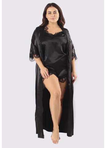 Чорний демісезонний комплект халат + майка + шорти Ghazel