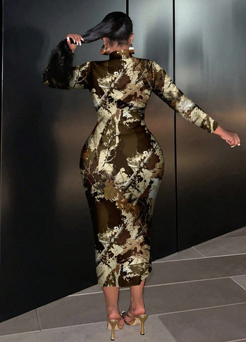 Коричневое праздничный, вечернее, кэжуал платье а-силуэт, платье-водолазка SHEIN с абстрактным узором