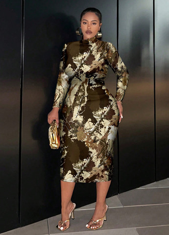 Коричневое праздничный, вечернее, кэжуал платье а-силуэт, платье-водолазка SHEIN с абстрактным узором